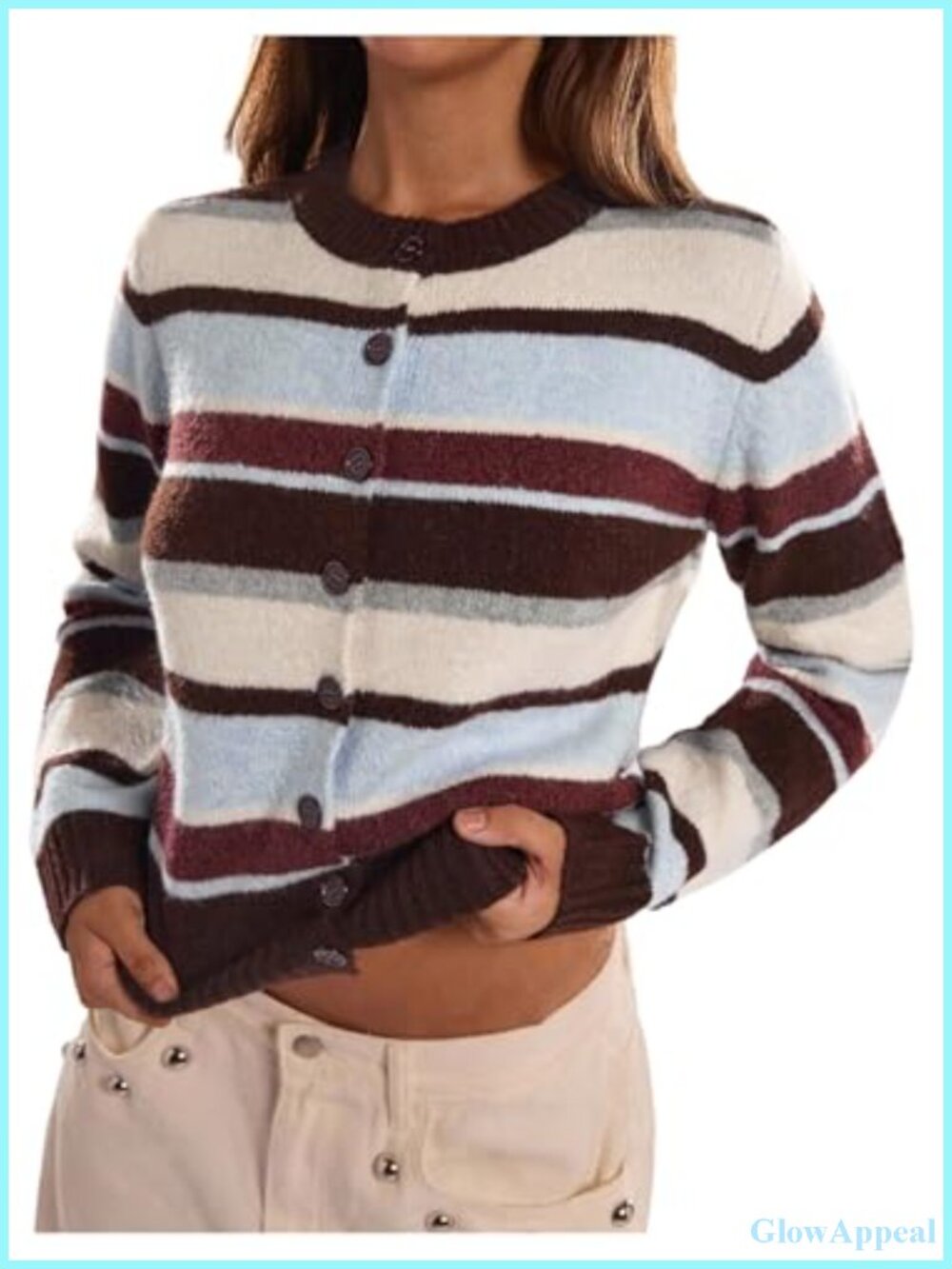 Striped Colorblock Cropped Cardigan Button Down Long Sleeve Knit Sweater